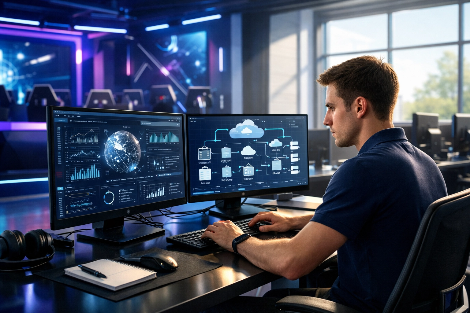 Modern technology training lab where a professional develops AI literacy and cloud skills for Fortune 100 careers.