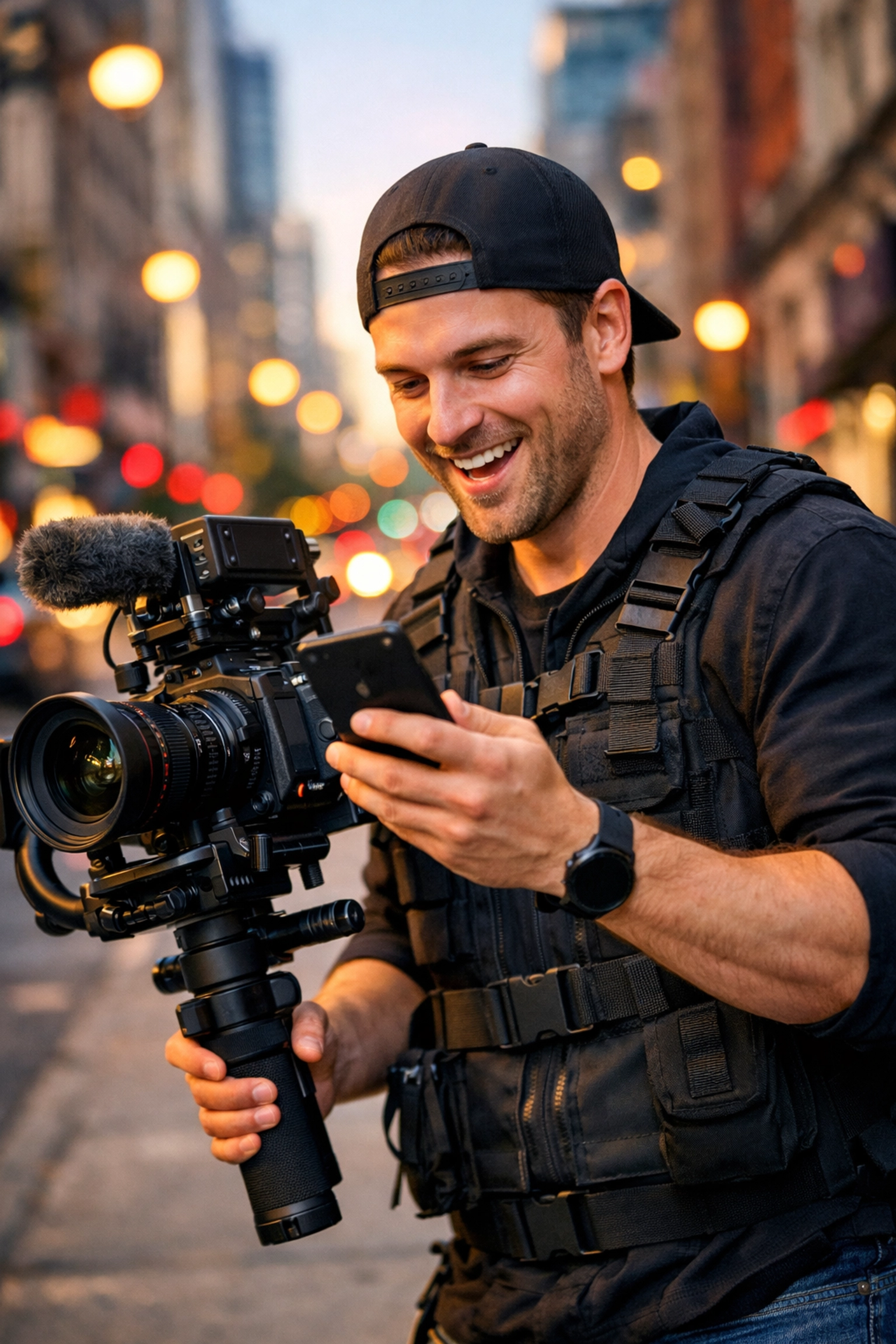 A professional videographer checking for new job opportunities on their smartphone to win client bids.