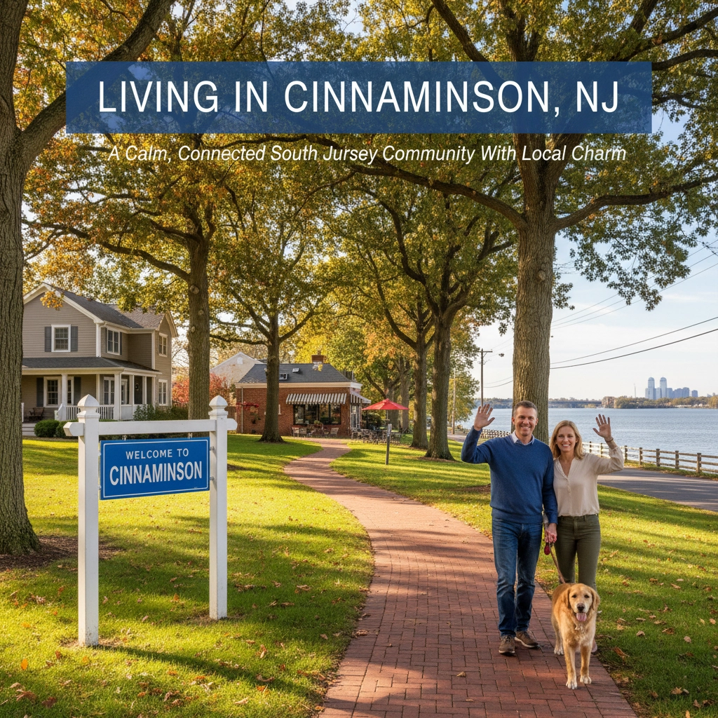 Aerial view of Cinnaminson, New Jersey, showing residential areas and green spaces Aerial view of Cinnaminson, New Jersey, showing residential areas and green spaces