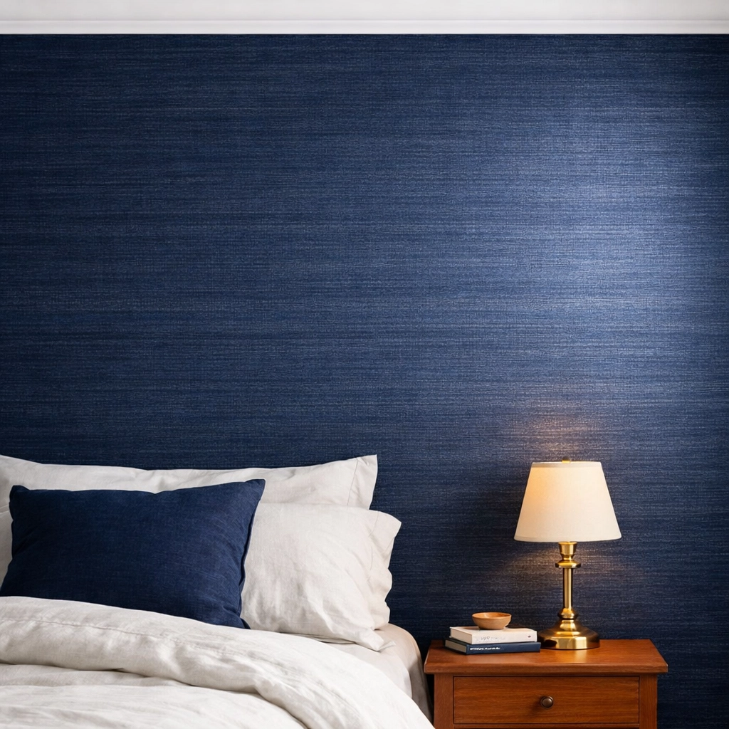 Navy blue removable wallpaper accent wall in bedroom showing renter-friendly color drenching technique