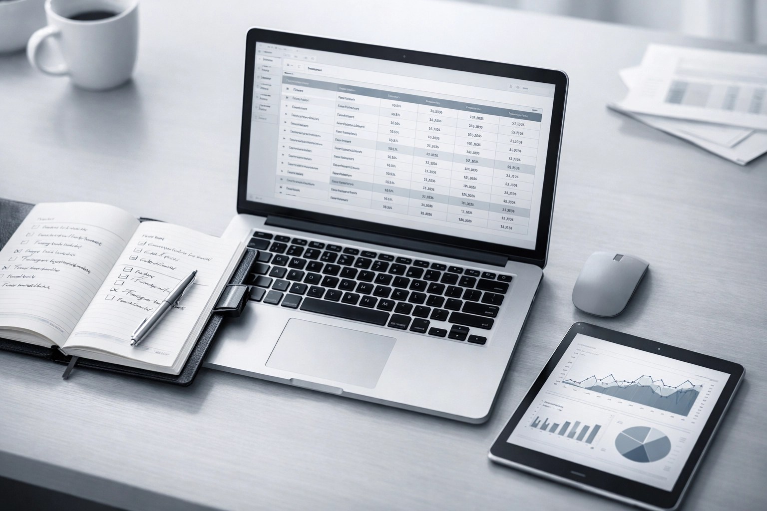 Organized RIA office workspace showing financial data and operational efficiency for due diligence