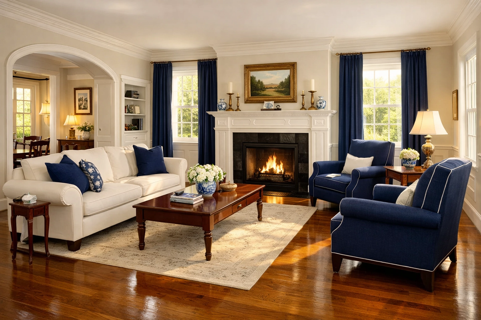 Safe, tidy living room with clean hardwood floors, providing senior friendly house cleaning Worcester.