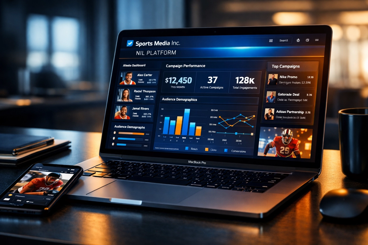 Sports Media Inc NIL platform dashboard showing athlete profiles and campaign metrics