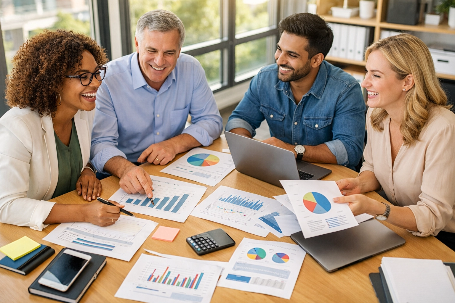 Professional bookkeeping team collaborating on financial reports and business growth support