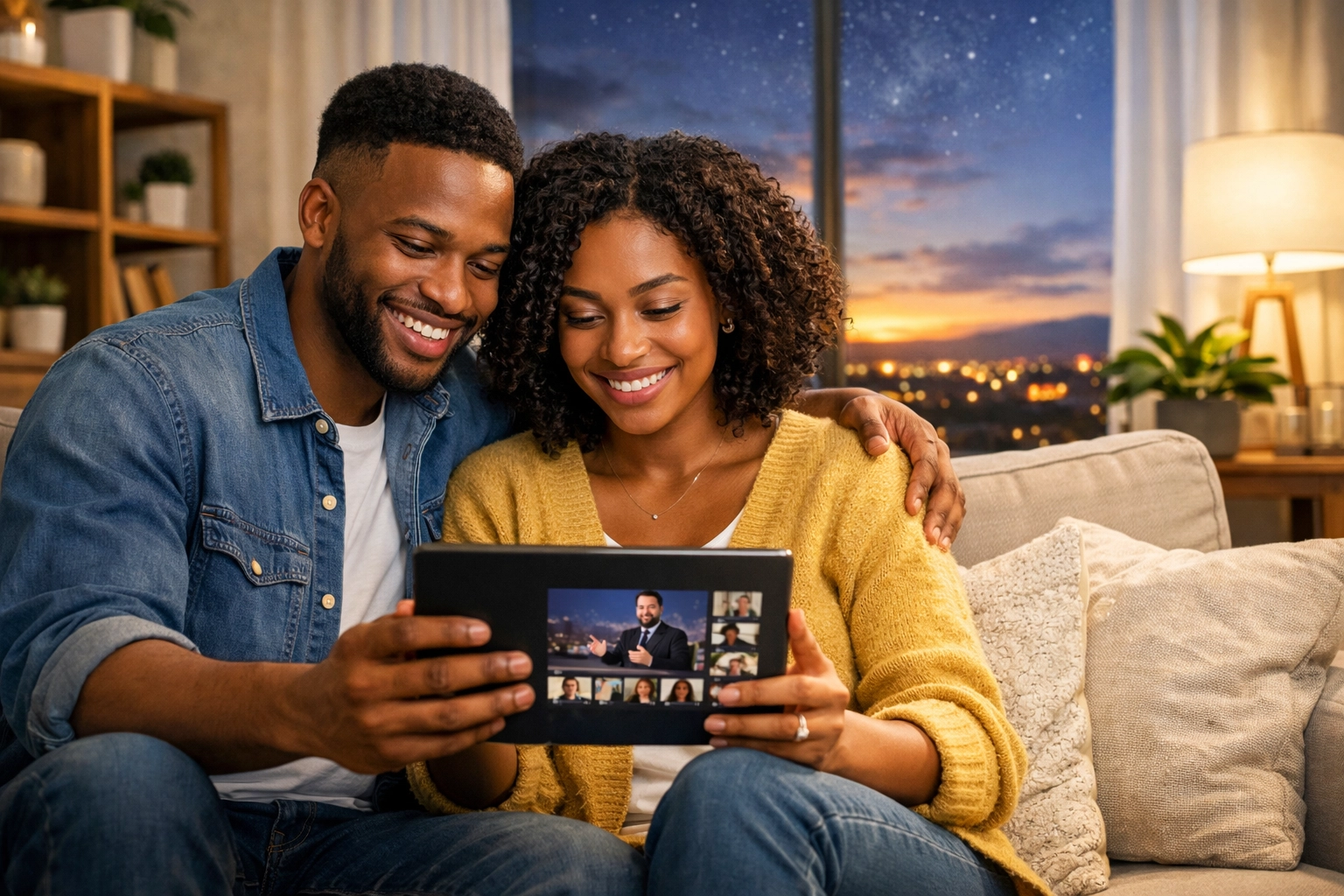 A couple connecting with the Boundless Online Church community via a tablet at home.