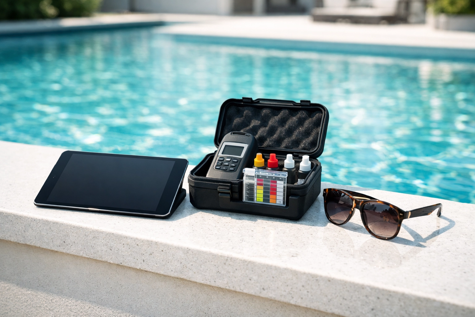 Professional pool route valuation tools and a tablet by a shimmering turquoise swimming pool.