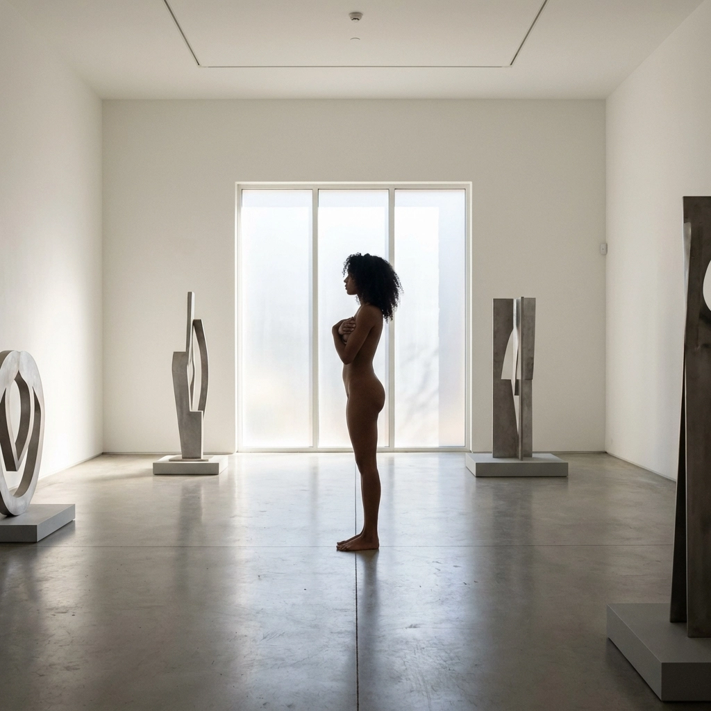 Professional nude photography of a Latina woman in an art gallery representing artistic standards.