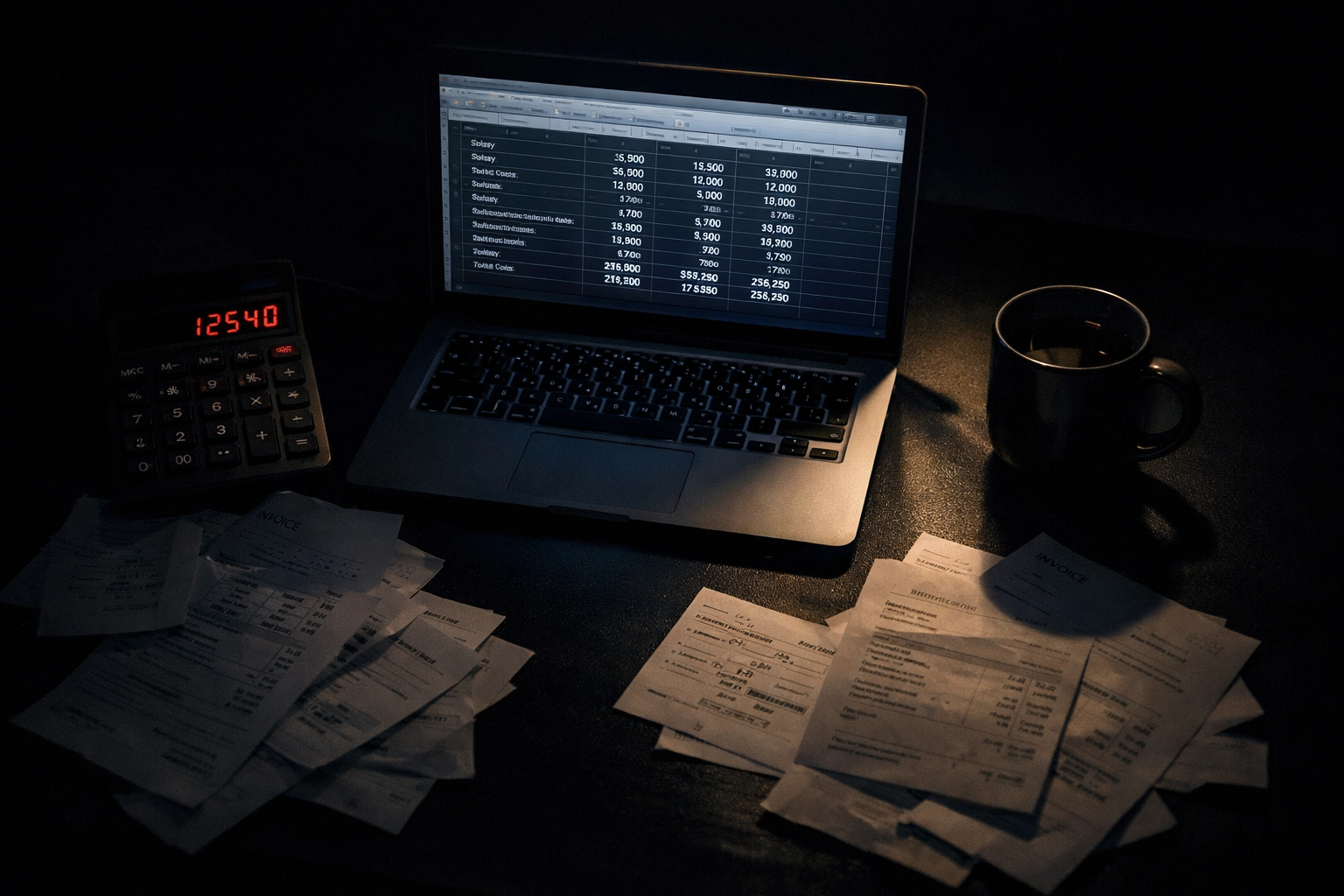 Calculating SDR costs late at night with spreadsheet and invoices on desk