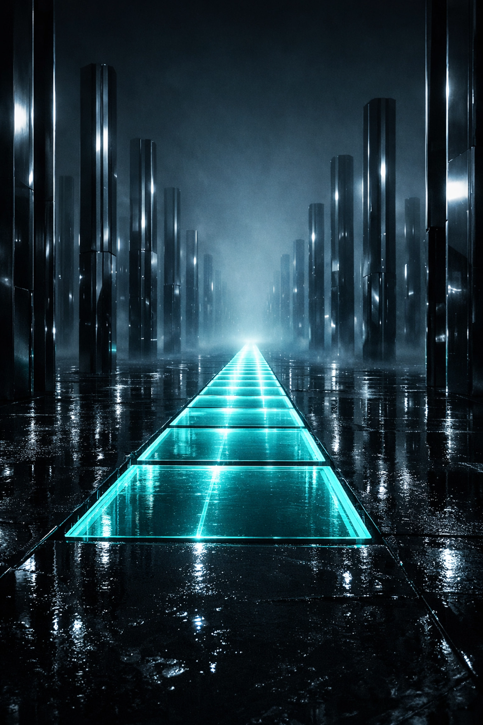 Illuminated digital path cutting through dark monoliths, representing a strategic approach to outranking AI legal content.