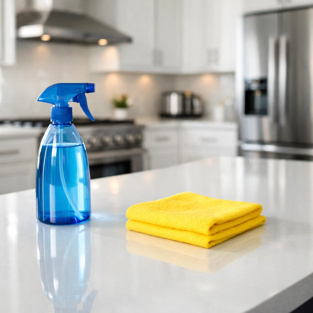 Professional house cleaning Pepperell MA showing a spotless quartz countertop and cleaning cloth.