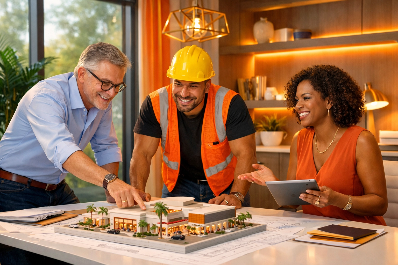 Construction management South Florida team reviewing architectural blueprints for climate-resilient design.