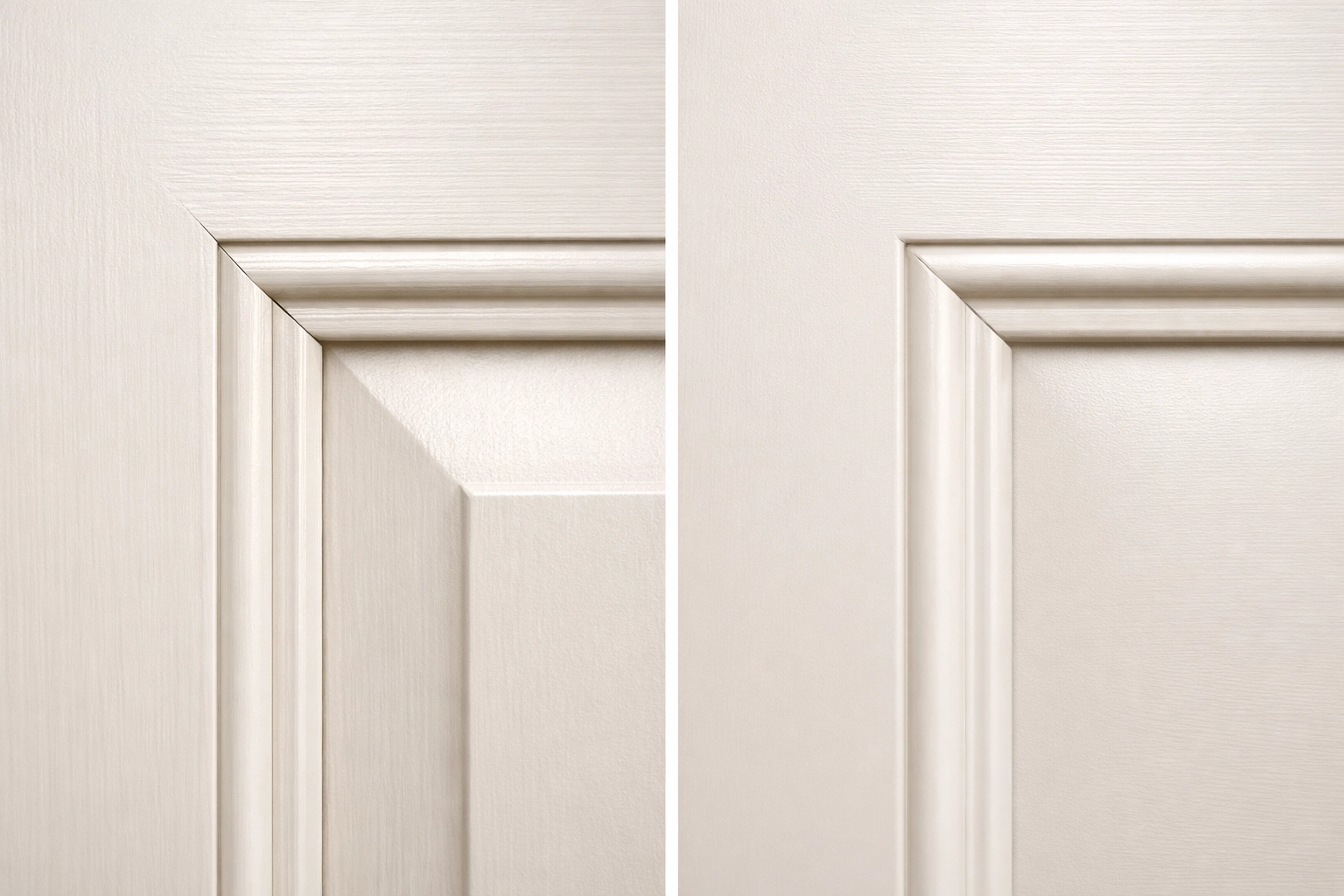 Comparison of seamless HDF cabinet doors vs cracked solid wood joints for painted custom cabinetry.