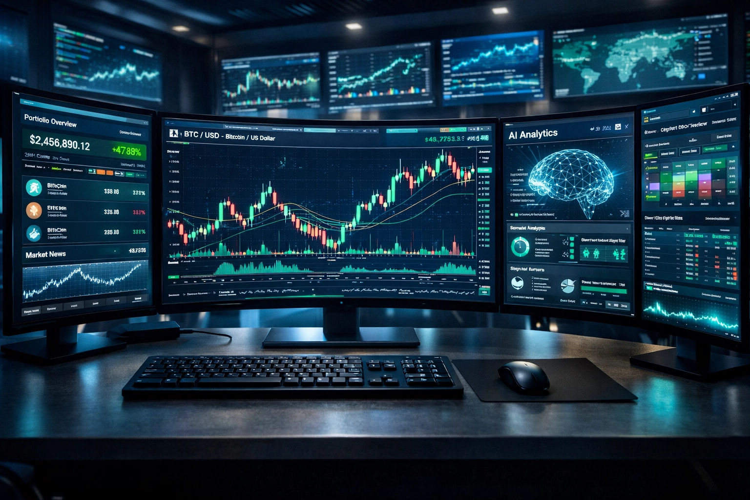 Real-time portfolio monitoring system displaying cryptocurrency charts and analytics dashboards
