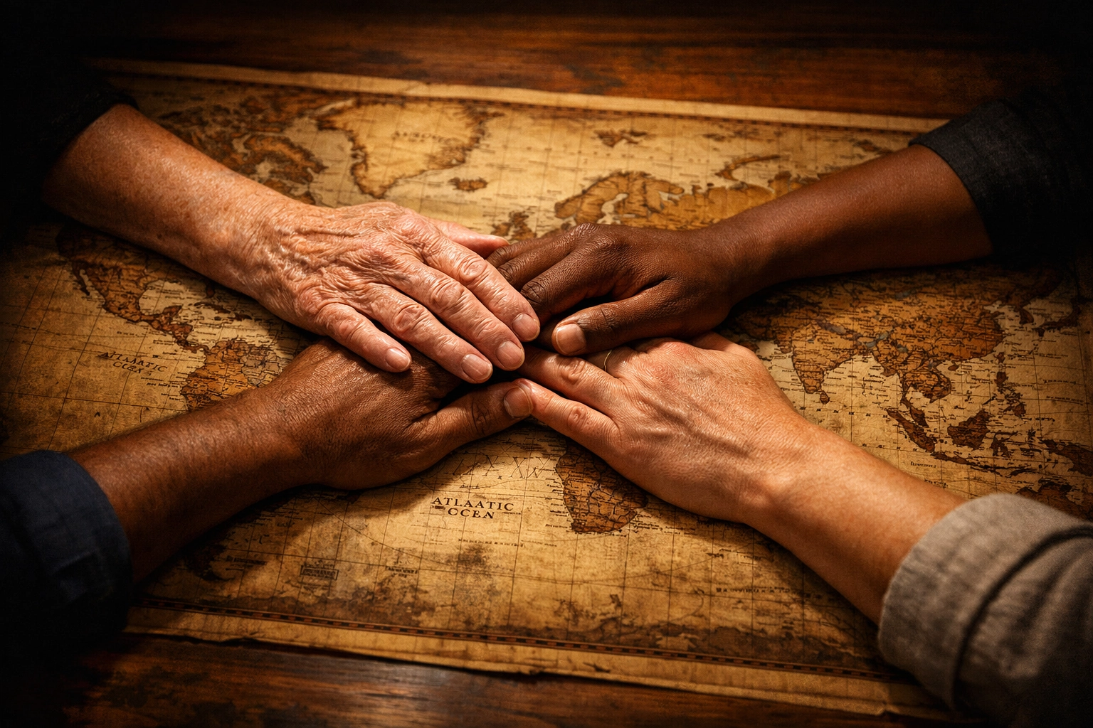 Diverse hands resting on a world map symbolizing global Christian unity and the pursuit of diplomatic peace.