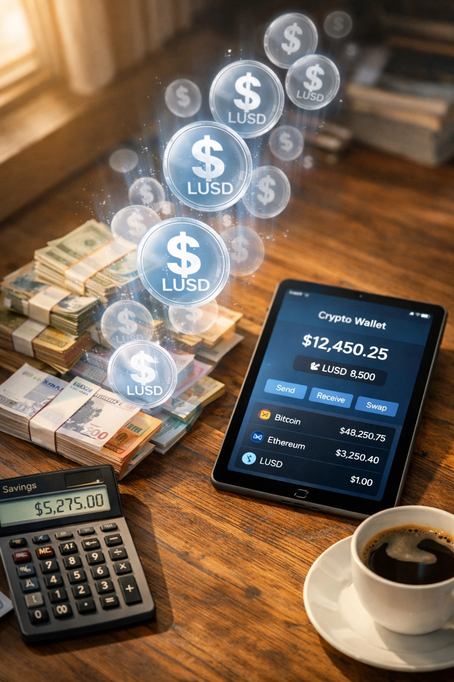 LUSD stablecoin wallet interface showing currency conversion savings for merchants