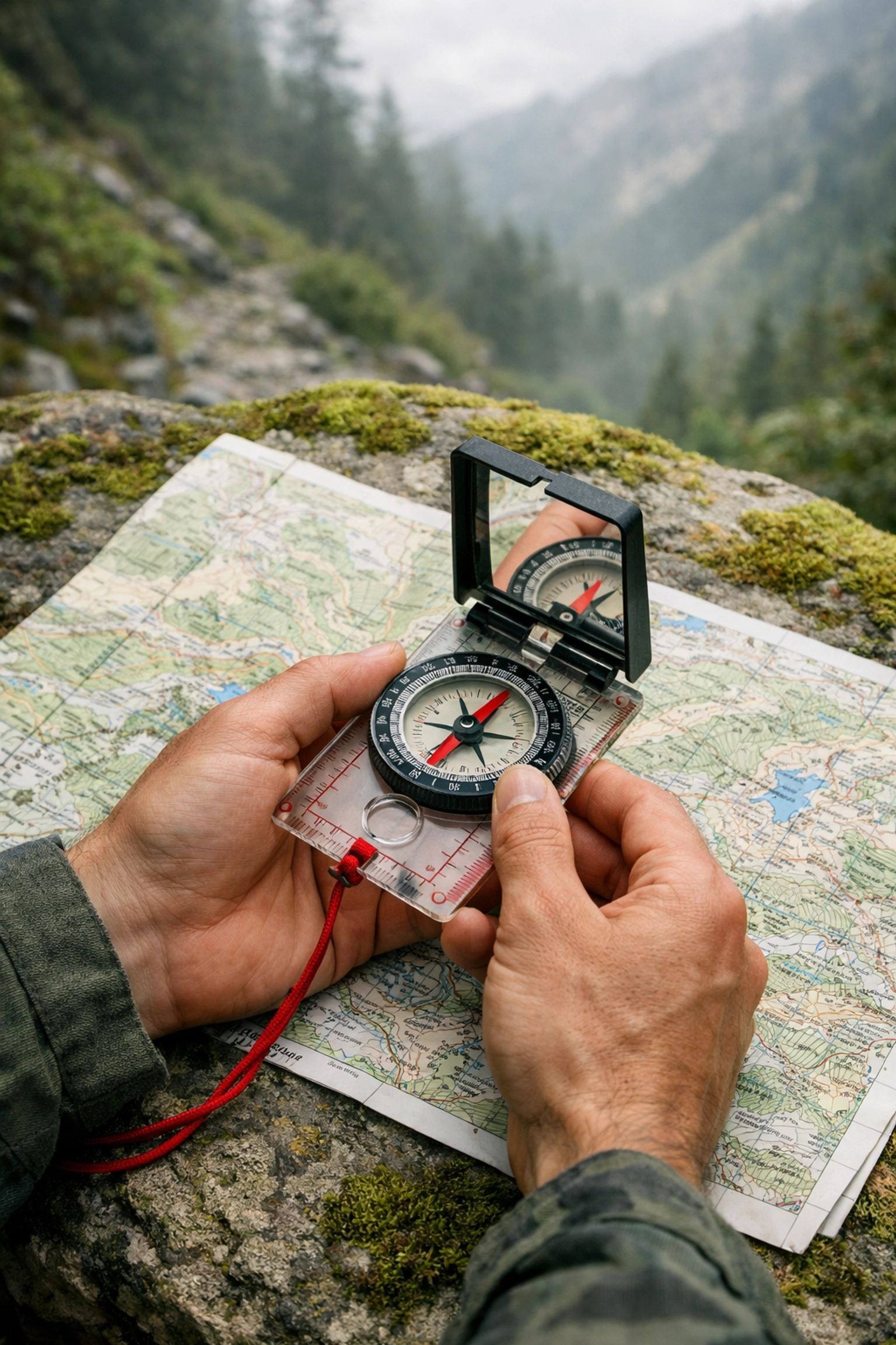 Hands holding a map and compass to navigate the wild UK terrain during a guided camping trip.