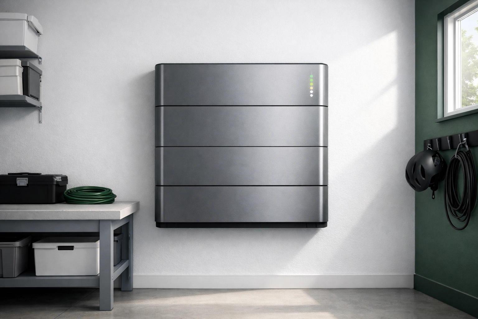 Sleek home battery storage system for renewable energy independence in a Hampshire house.