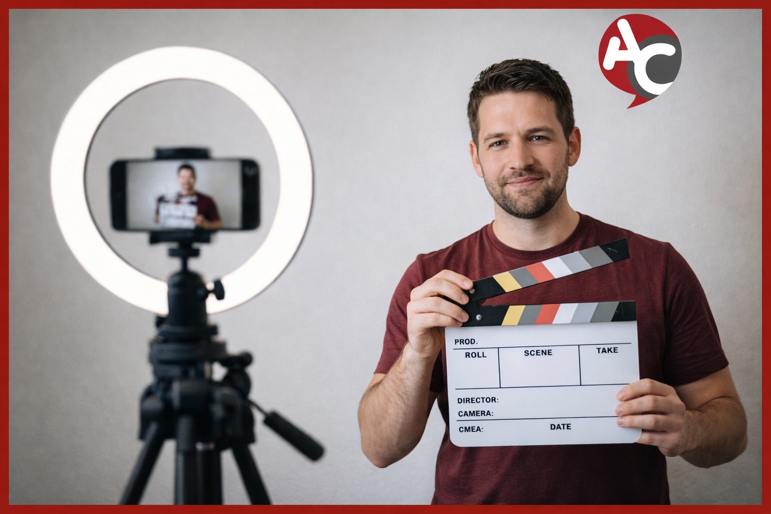 Self-tape audition equipment with scripts, smartphone tripod, and ring light