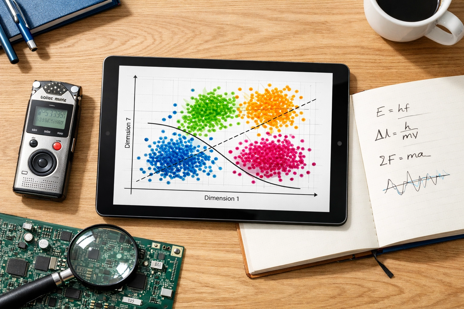 A digital workspace with research data on a tablet, representing high-authority content for search citations.