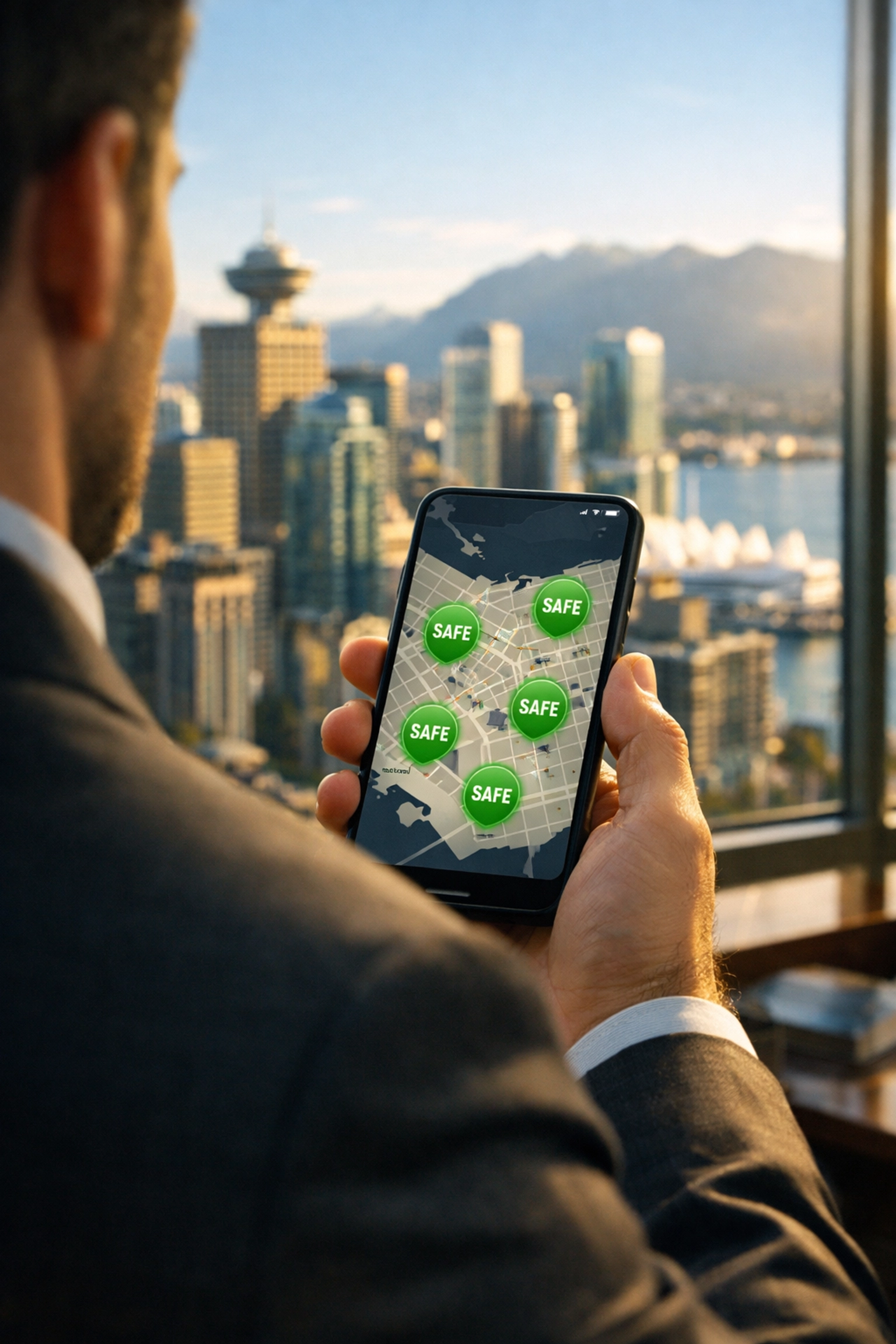 Property manager checking real-time smart water leak detector alerts for a Vancouver building portfolio.