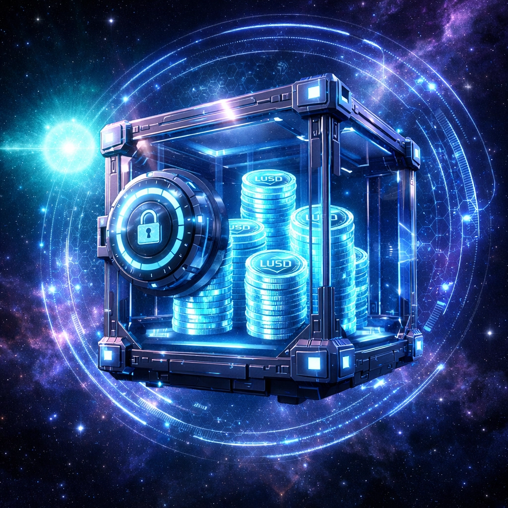 Secure digital vault for LUSD stablecoin representing merchant self-custody and financial freedom from banks.