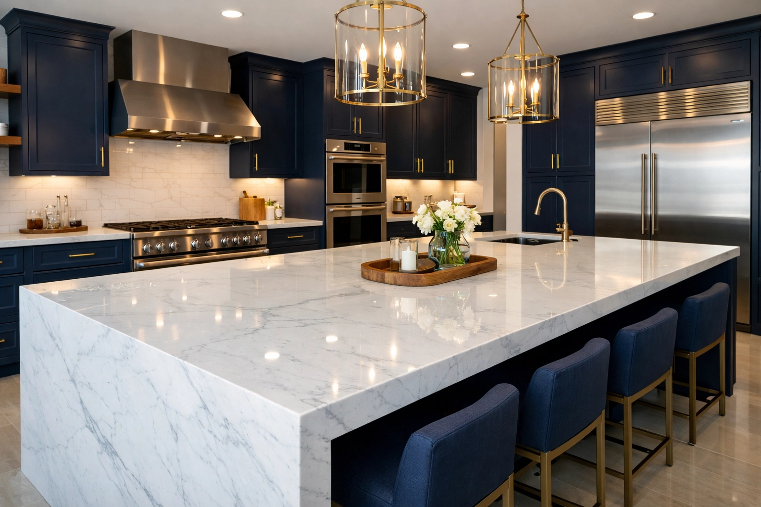 Luxury kitchen with a polished marble island maintained by a professional Weston house cleaning service.
