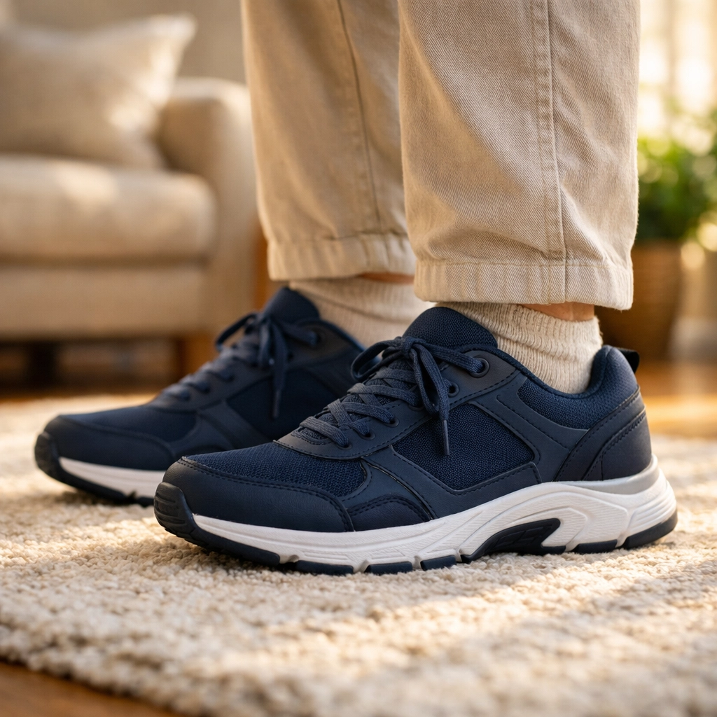 Senior person in supportive sneakers standing firmly on a rug to improve balance and stability.