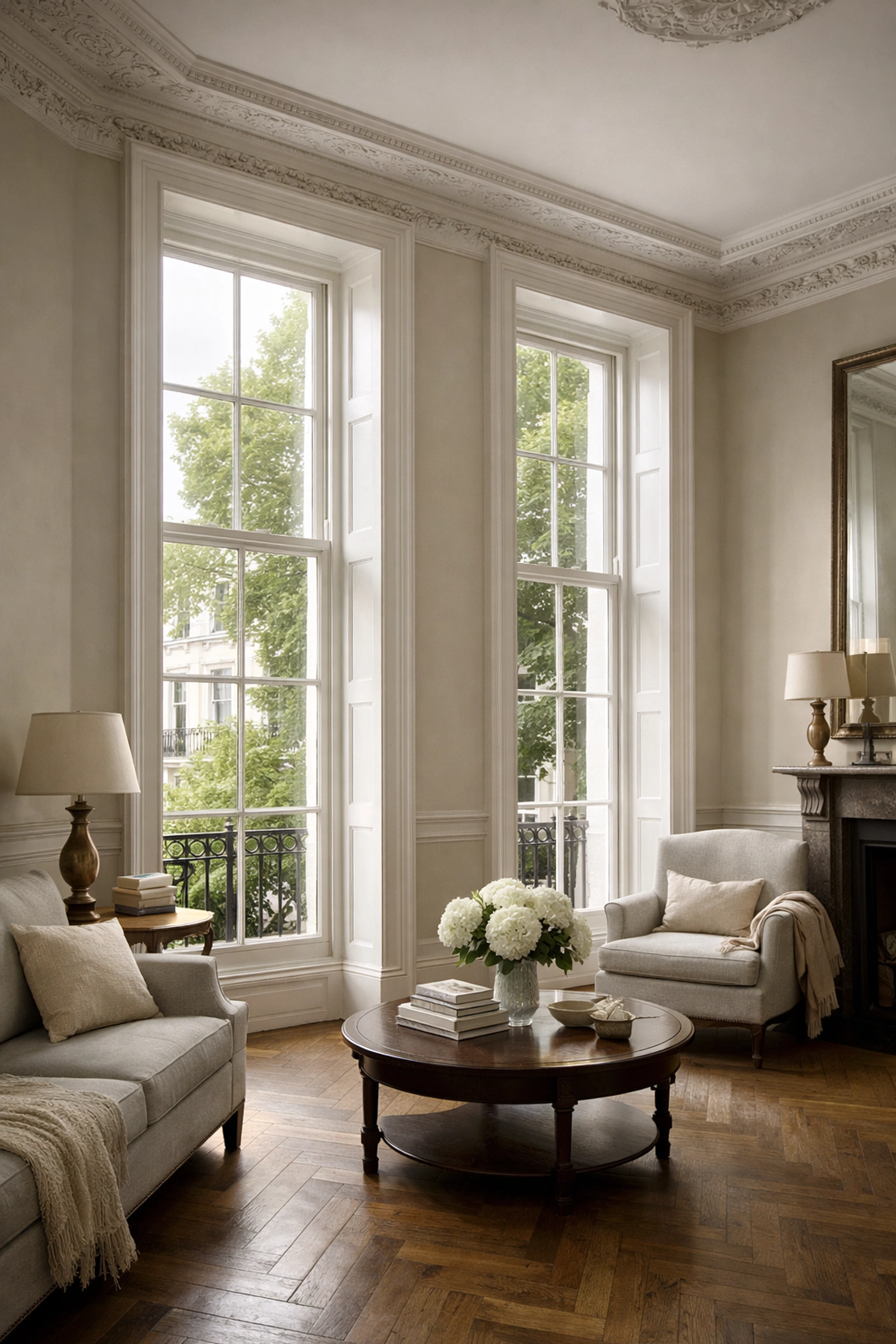 Georgian townhouse interior in Chelsea with original sash windows and period features