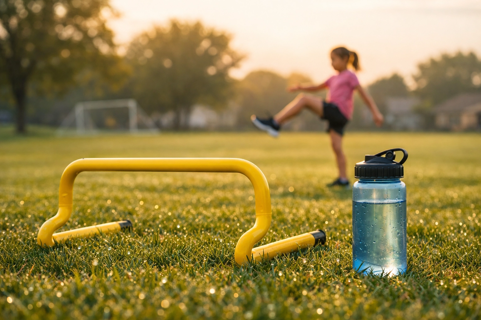 Youth athlete performing a dynamic warm-up near a speed hurdle before an agility training session.