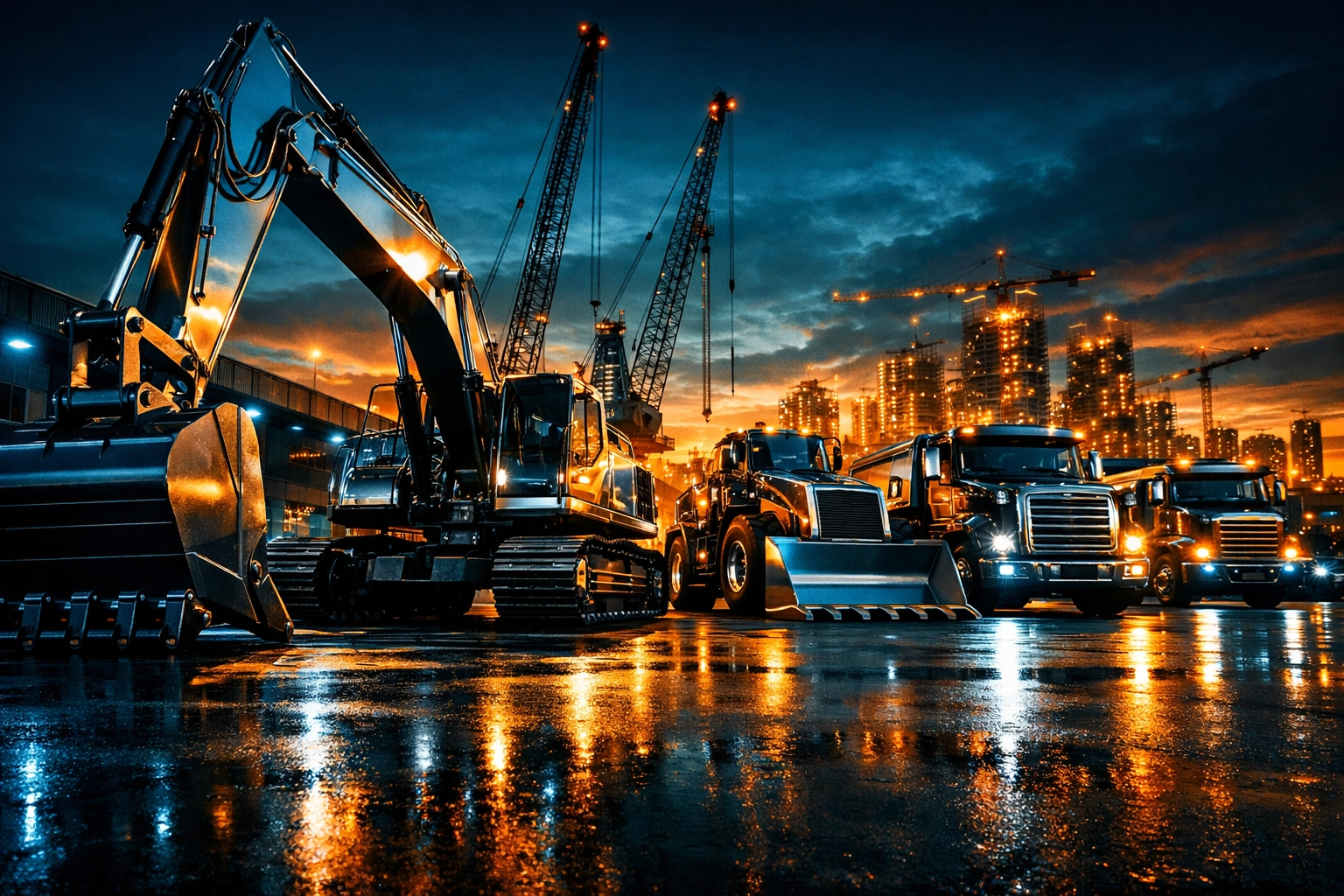 New excavators and cranes representing the $11 billion surge in construction equipment financing.