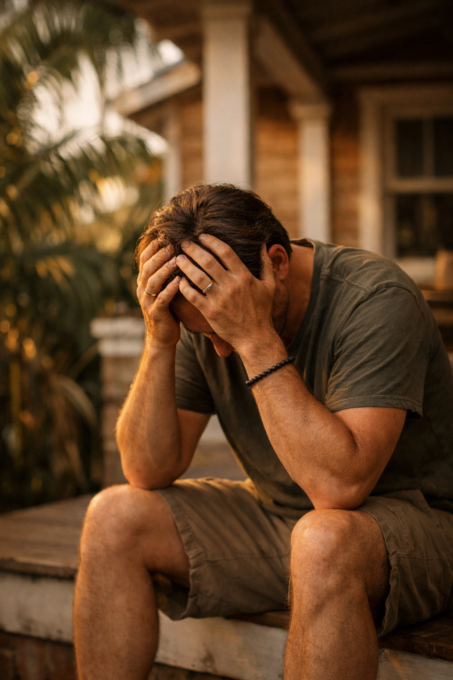 A stressed individual on a St. Petersburg porch showing signs of burnout and needing a nervous system reset.