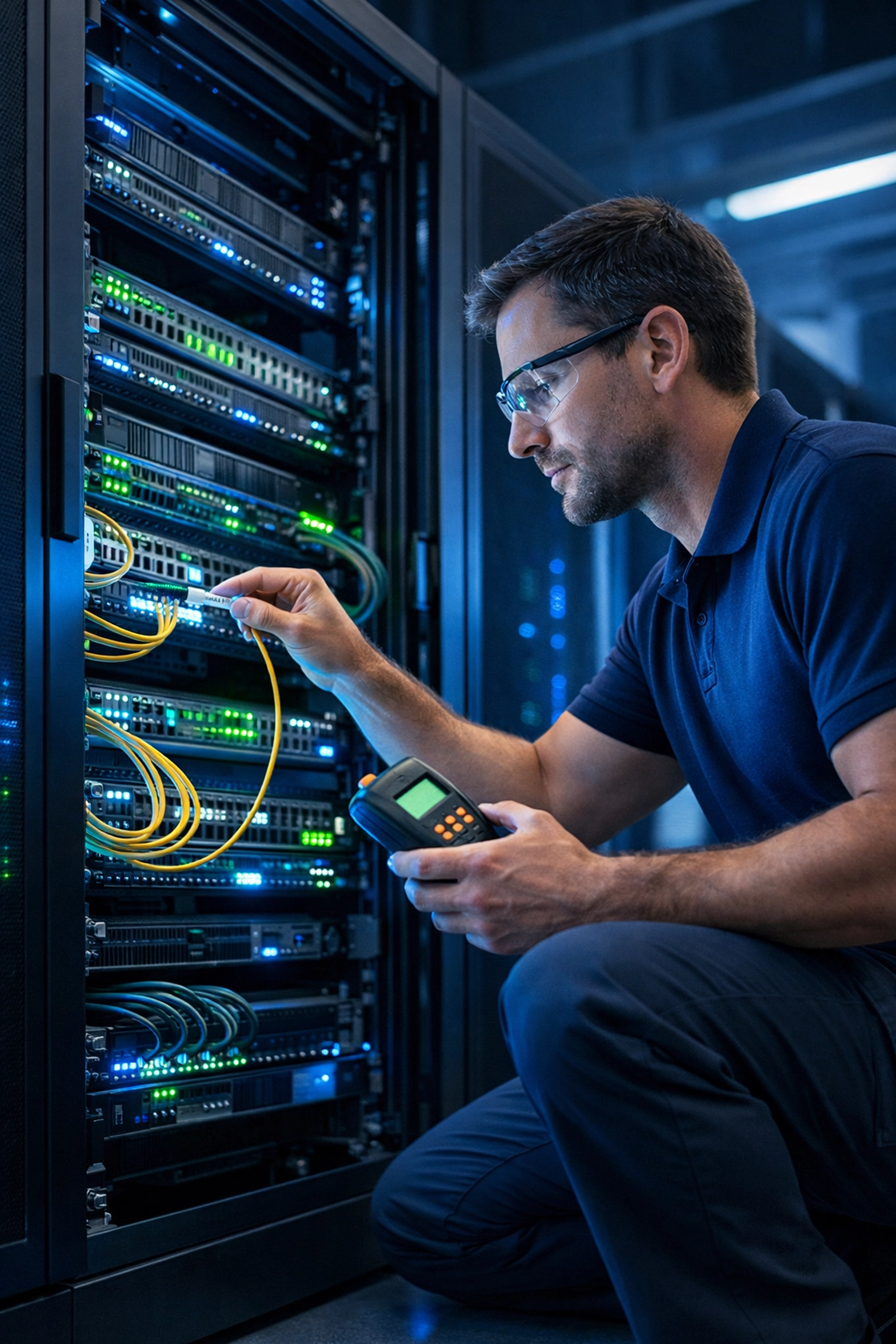 Smart Hands IT technician installing fiber optic cables in server rack at data center