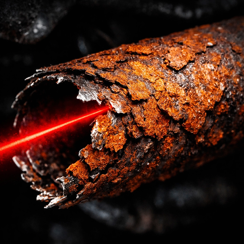 Close-up of a rusted exhaust pipe with severe corrosion from Boise road salt and winter moisture.