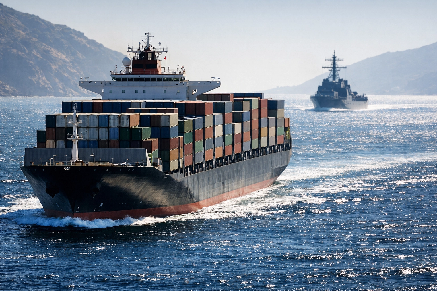 A large cargo ship under naval escort in a maritime strait representing global trade security.