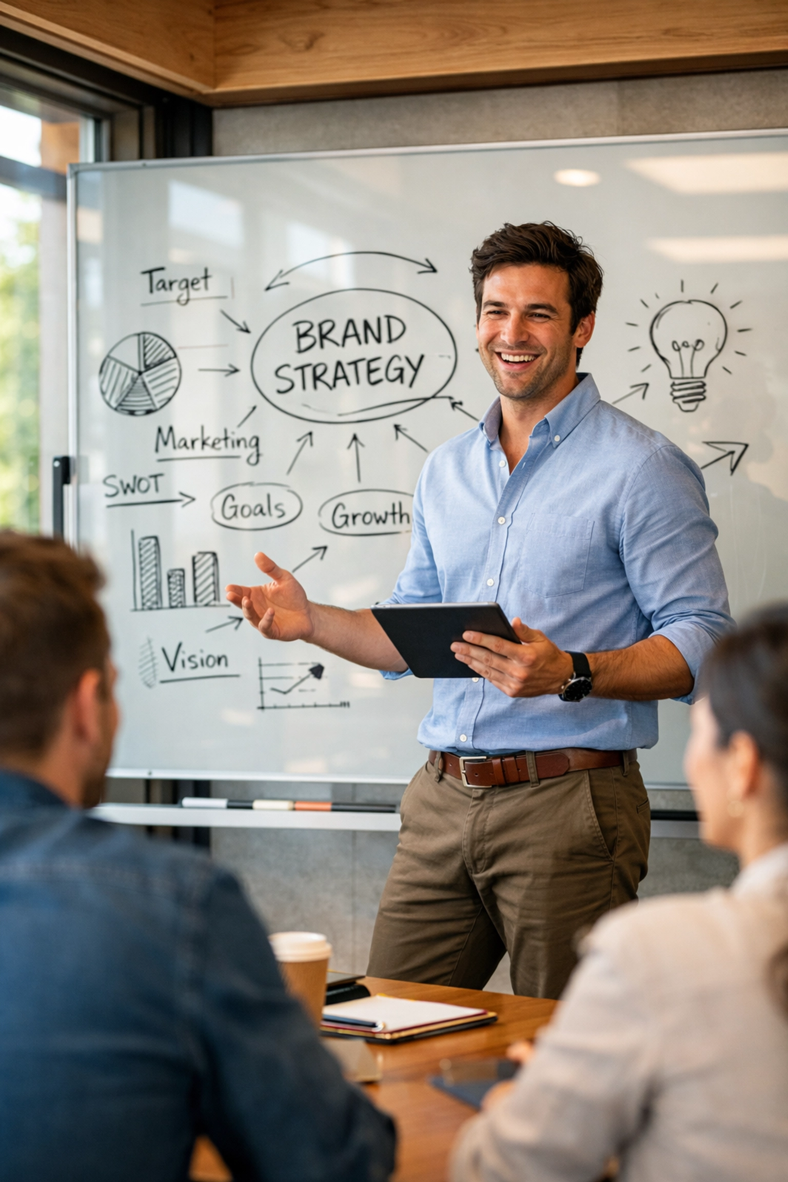 Young professional presenting leadership strategy in corporate training session