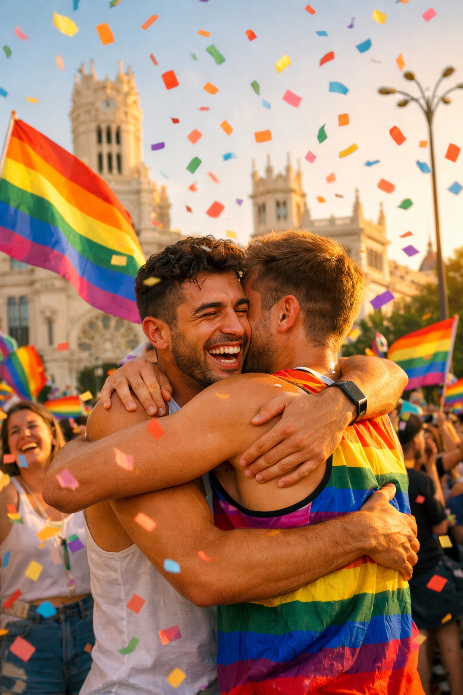Two men embracing at Madrid Pride with rainbow flags celebrating LGBTQ+ freedom in Spain