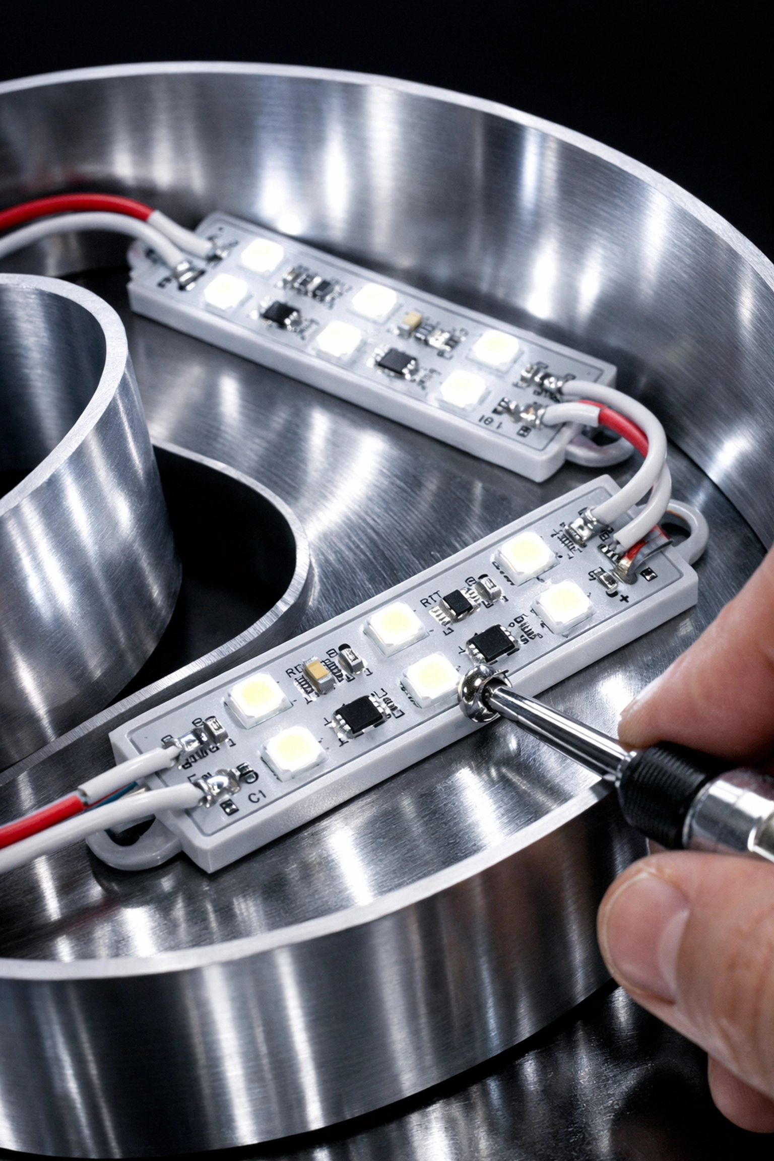 Close-up of a high-quality LED module retrofit being installed inside a custom channel letter for a Dallas business.