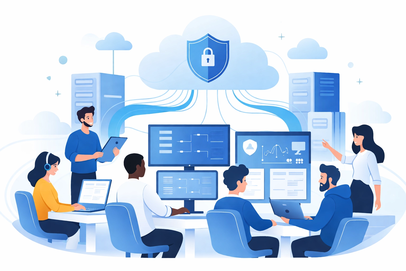 A team of IT professionals collaborating in a cloud environment, illustrating managed IT support services