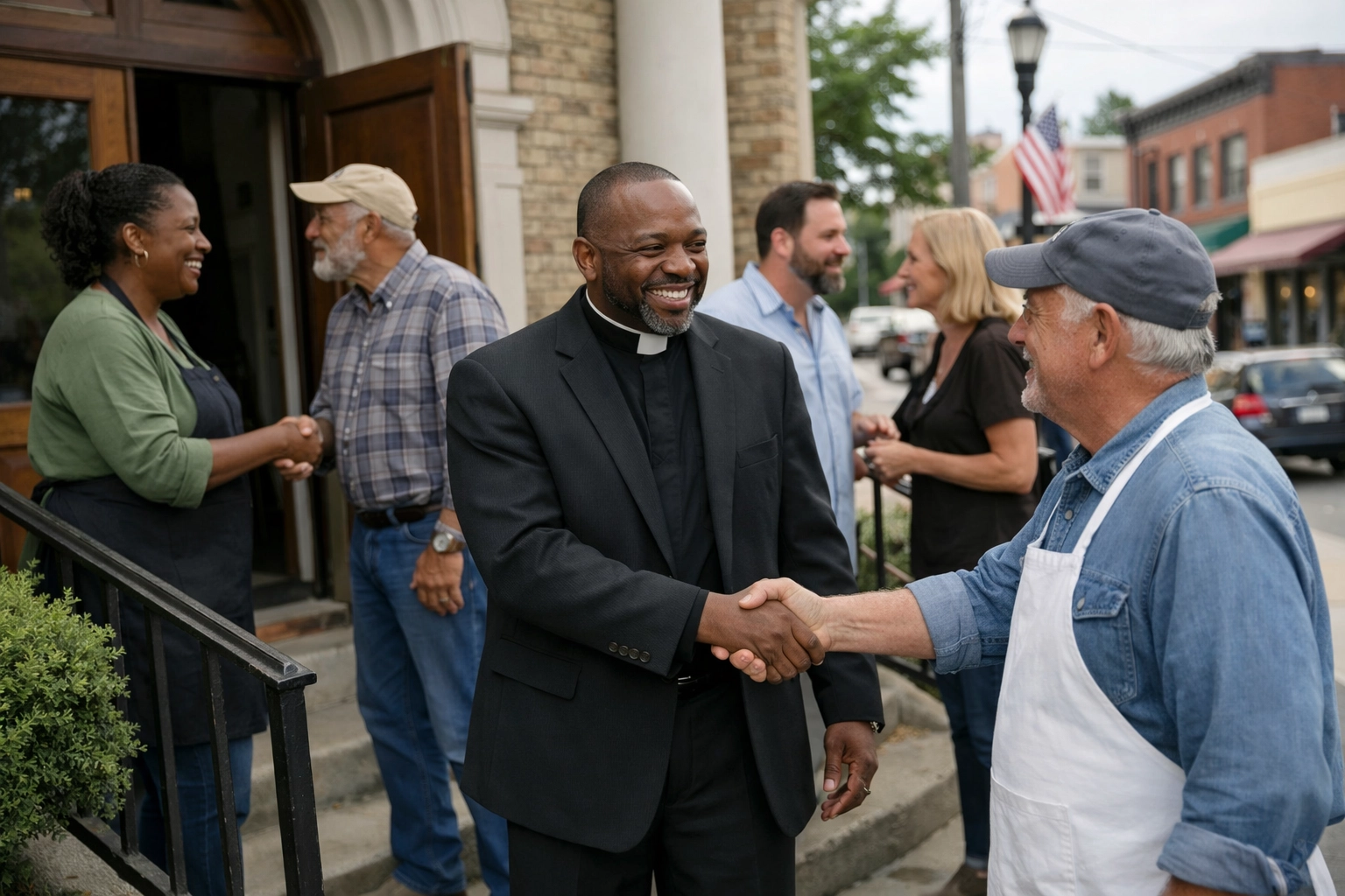 Church pastor greeting business owners on church steps fostering community partnerships