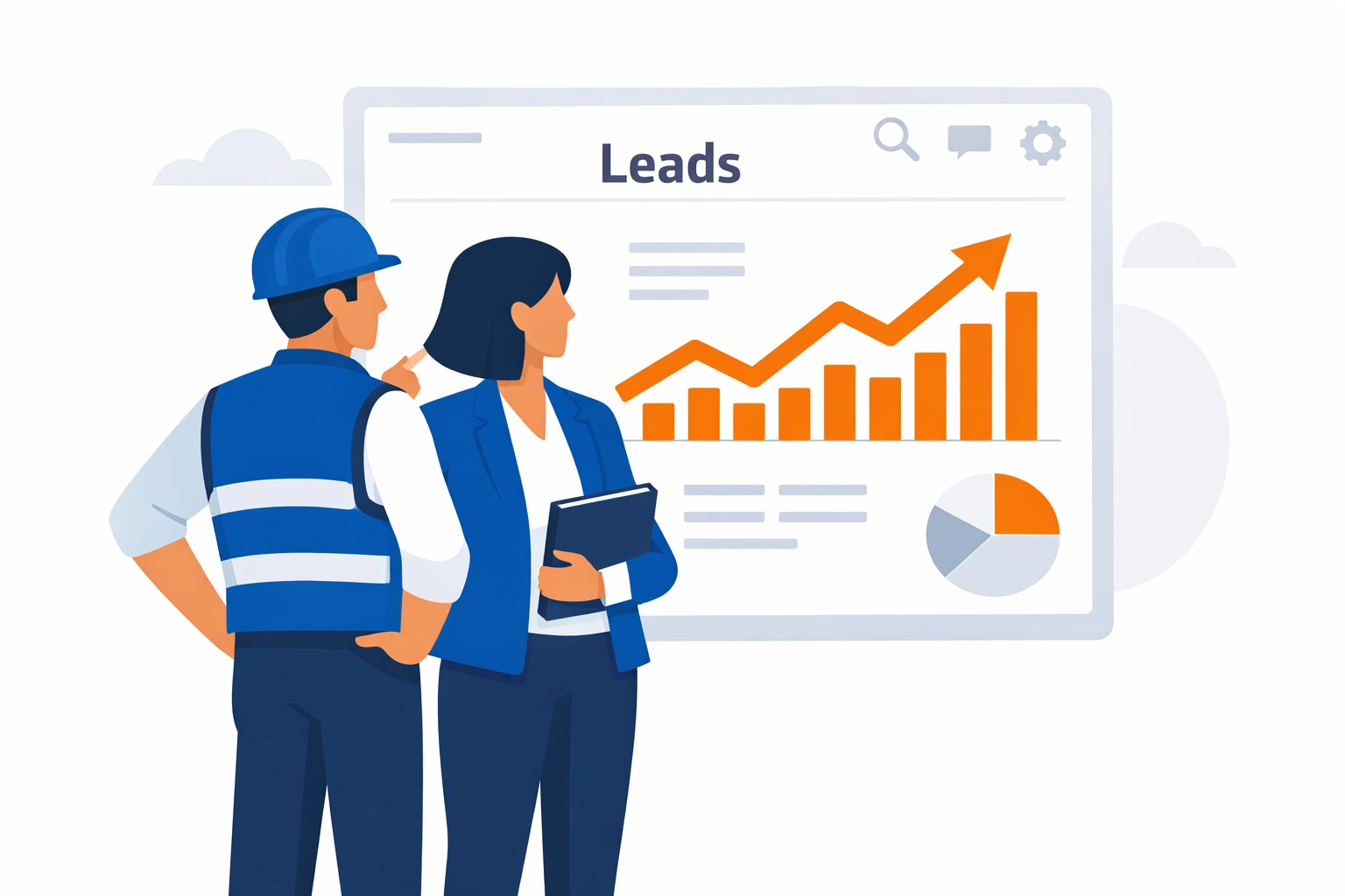 A marketing expert and home service contractor viewing a digital dashboard showing increased business sales and leads.