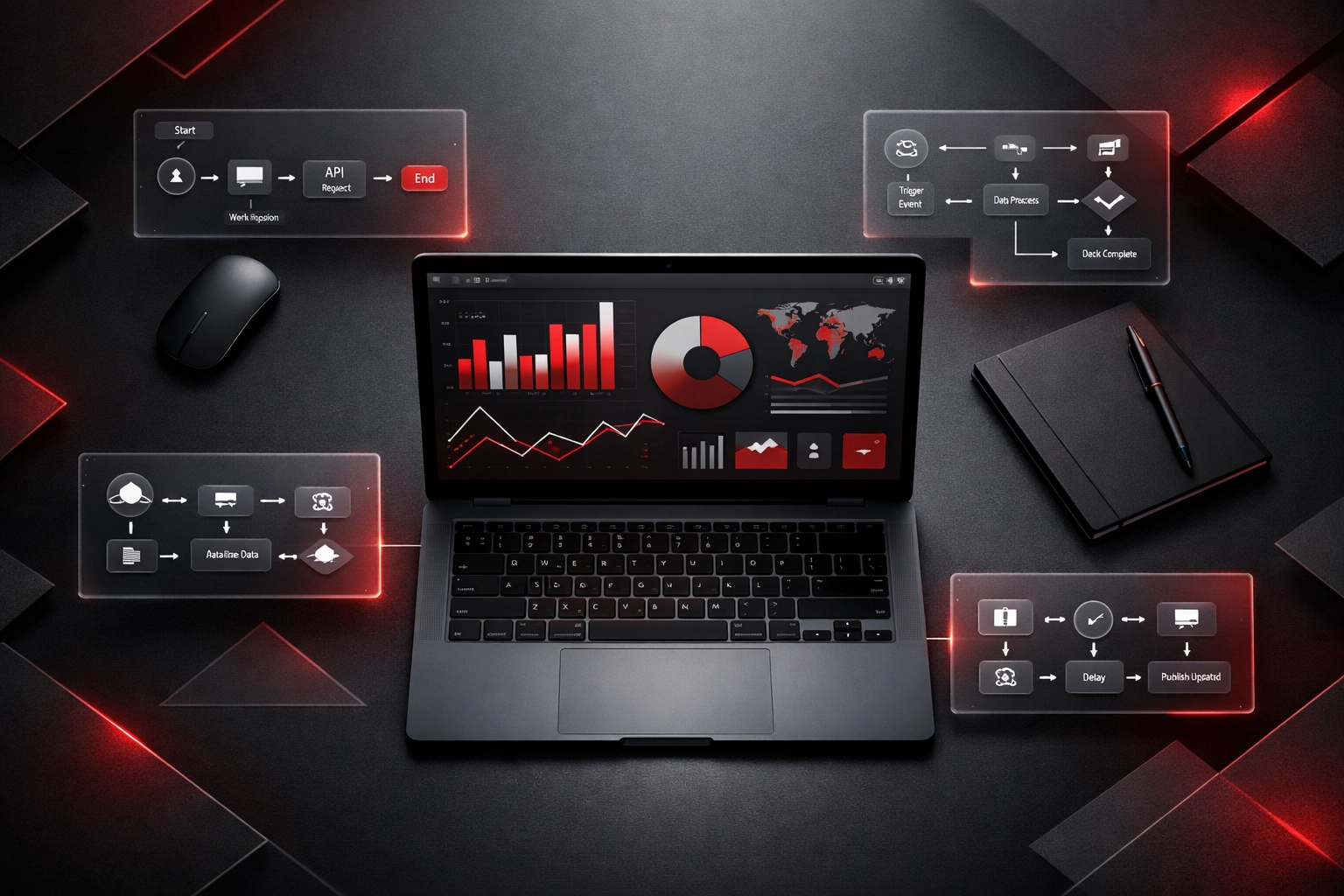 Organized automated business workspace showing streamlined digital workflows and processes