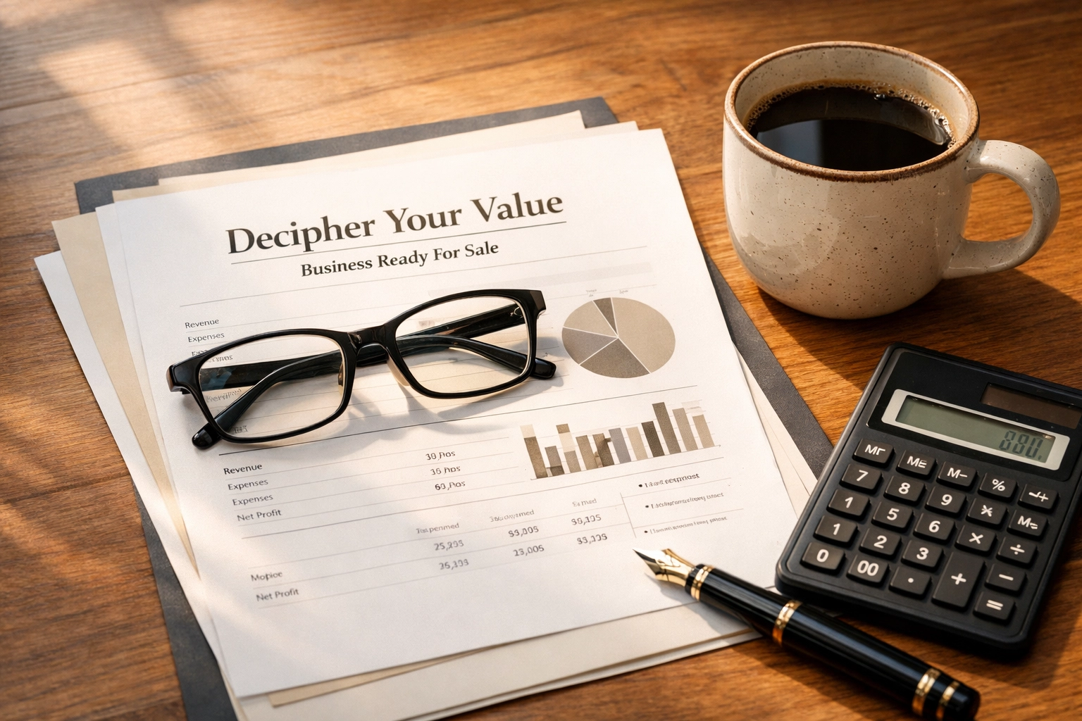Organized business tax returns and financial records prepared for an SBA loan sale. Decipher Your Value.