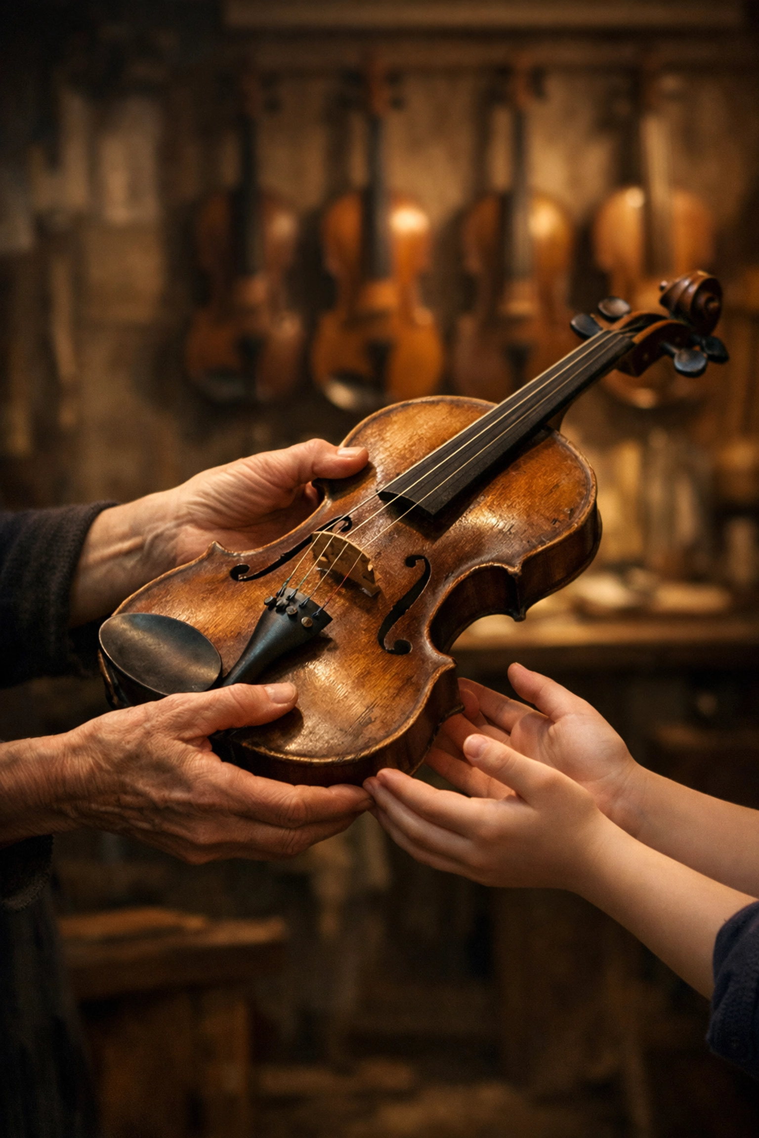 An older woman passing a donated violin to a young music student, illustrating the legacy of musical kindness.