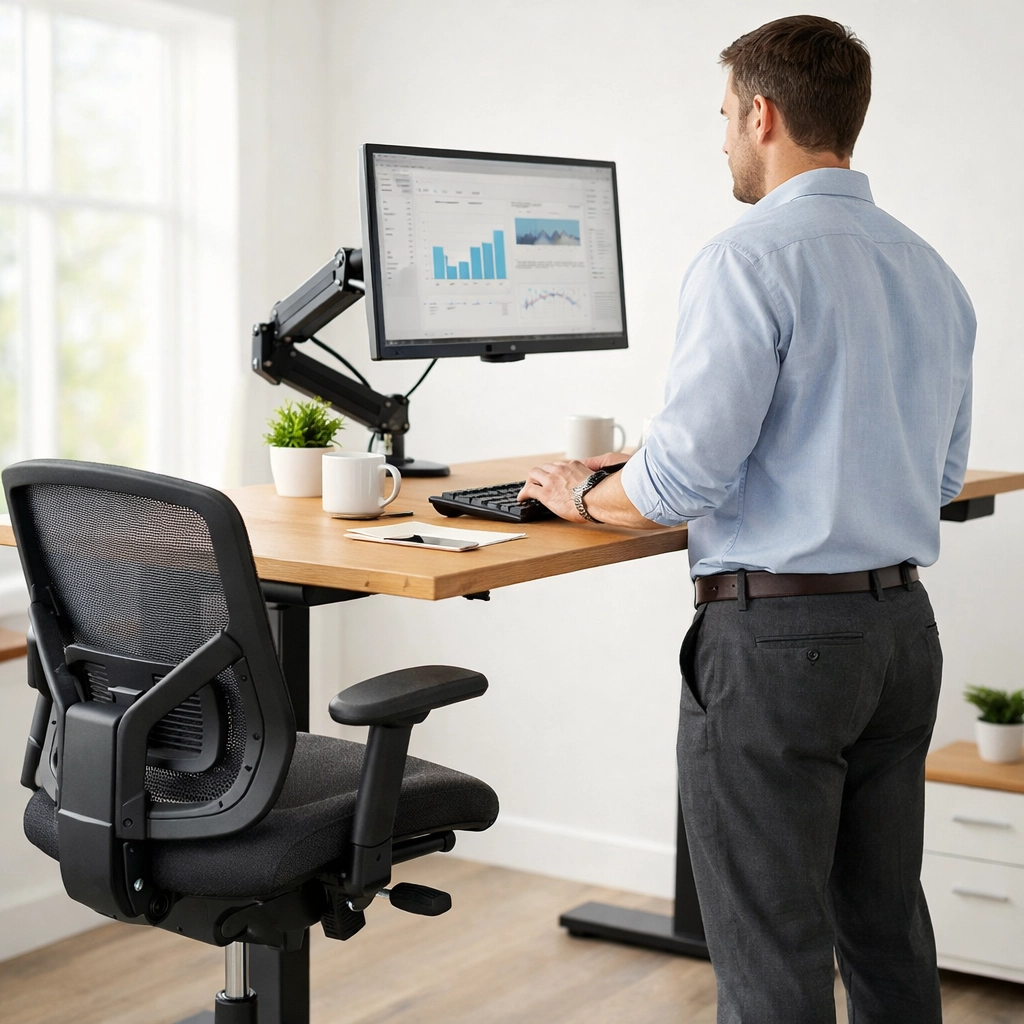 Ergonomic sit-stand desk with adjustable height and supportive office chair