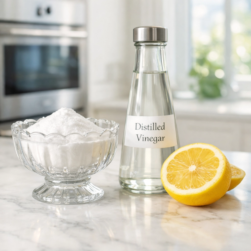 Natural cleaning ingredients like baking soda, vinegar, and lemon on a white marble kitchen countertop.