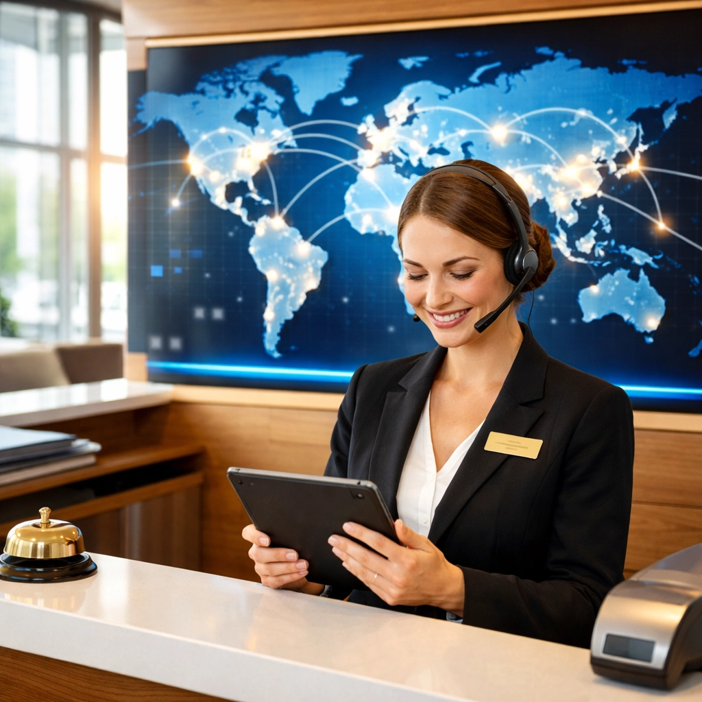 Hotel concierge using voice AI technology with global guest routing display