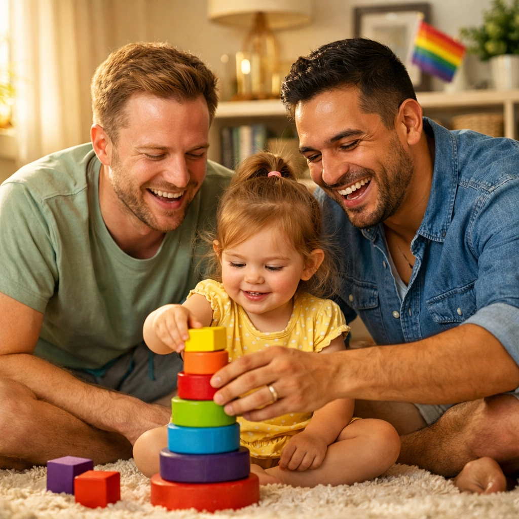 Two fathers playing with rainbow blocks and their young daughter in a bright, inclusive home environment.