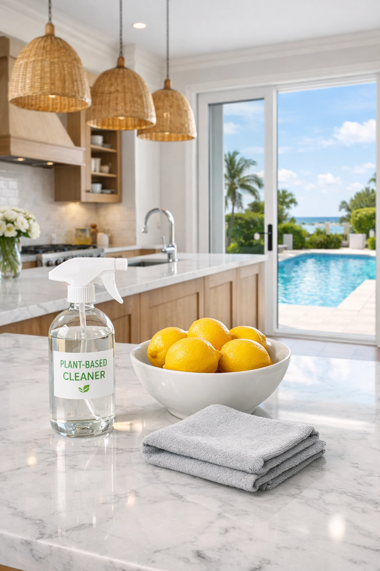 Eco friendly house cleaning in Tampa featuring non-toxic products in a bright, luxury kitchen.