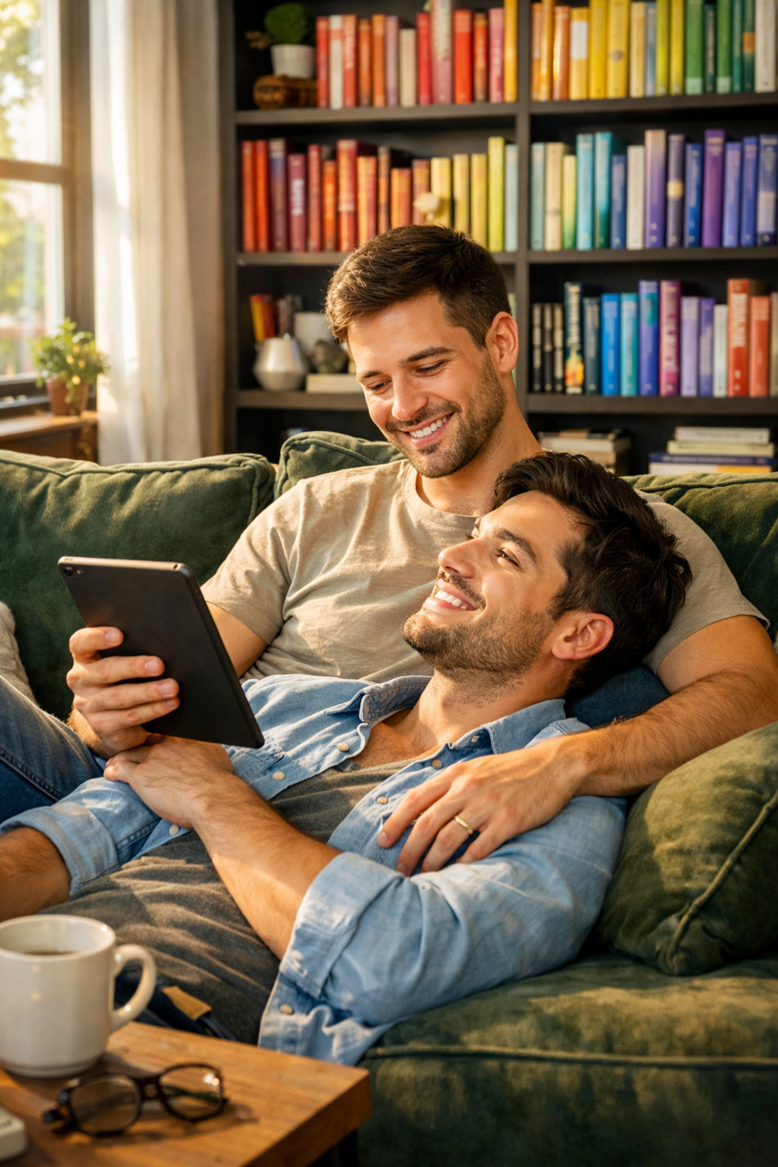 A happy gay couple reading MM romance books together at home, celebrating modern LGBTQ+ literature.