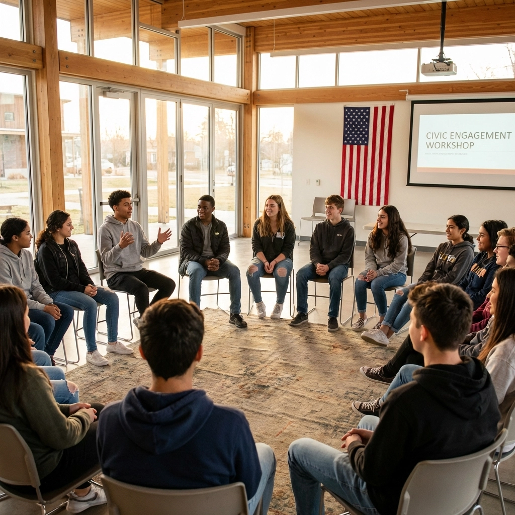 Civic Responsibility for Teens: How the Pledge Opens the Conversation (And Where to Find Youth Workshops) Diverse teenagers engage in a civic workshop, discussing civic responsibility in a bright community center.